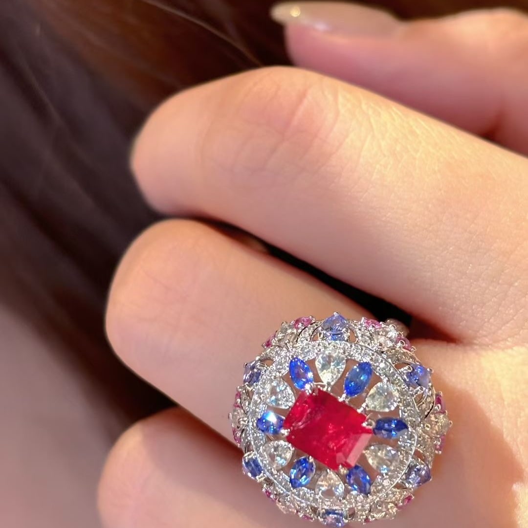 14k Gold 1.76 Ct Natural Ruby & Diamond & Sapphire Ring - 9
