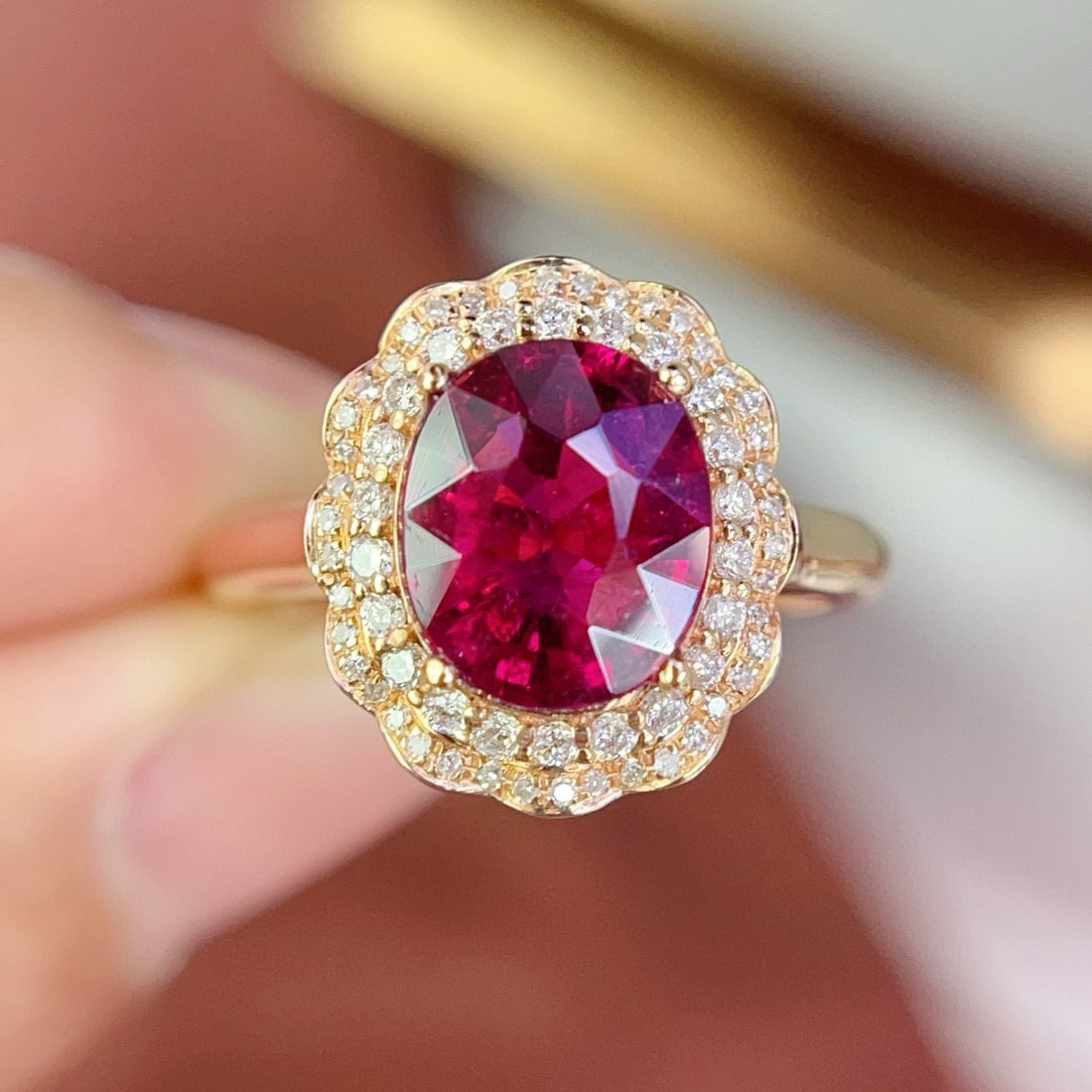 14k Gold 2.60 Ct Natural Tourmaline & Diamond Ring: Ref:231036162 // gold content:14k gold // ring size:7. 25us // // main gemstone:tourmaline // shape:oval // carat weight:2. 60ct // color:red // treatment:natural // // adjacent gemstone 2 : diamond