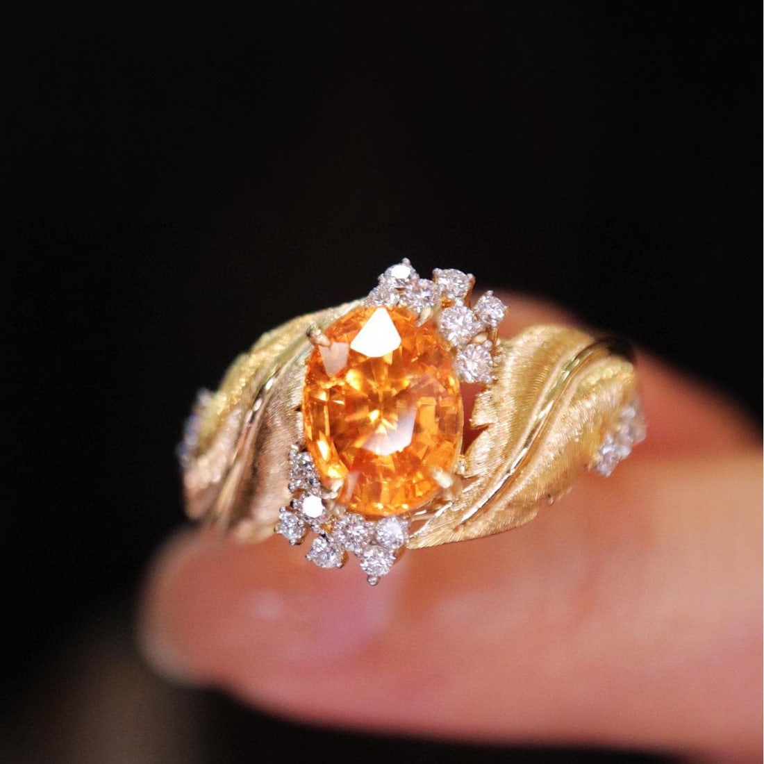 14k Gold 2.36 Ctw Natural Spessartine & Diamond Ring: Ref:231036167 // gold content:14k gold // ring size:7. 25us // // main gemstone:spessartine // shape:oval // carat weight:2. 10ct // color:orange // treatment:natural // // adjacent gemstone 2 :