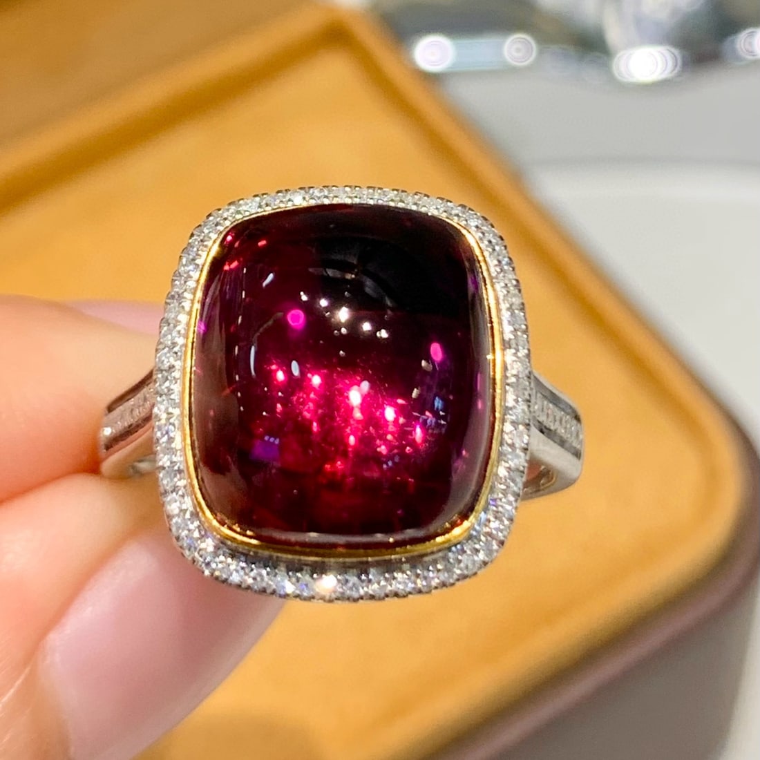 14k Gold 7.8 Ct Natural Tourmaline & Diamond Ring: Ref:231036168 // gold content:14k gold // ring size:7. 25us // // main gemstone:tourmaline // shape:cushion // carat weight:7. 8ct // color:red // treatment:natural // // adjacent gemstone 2 :