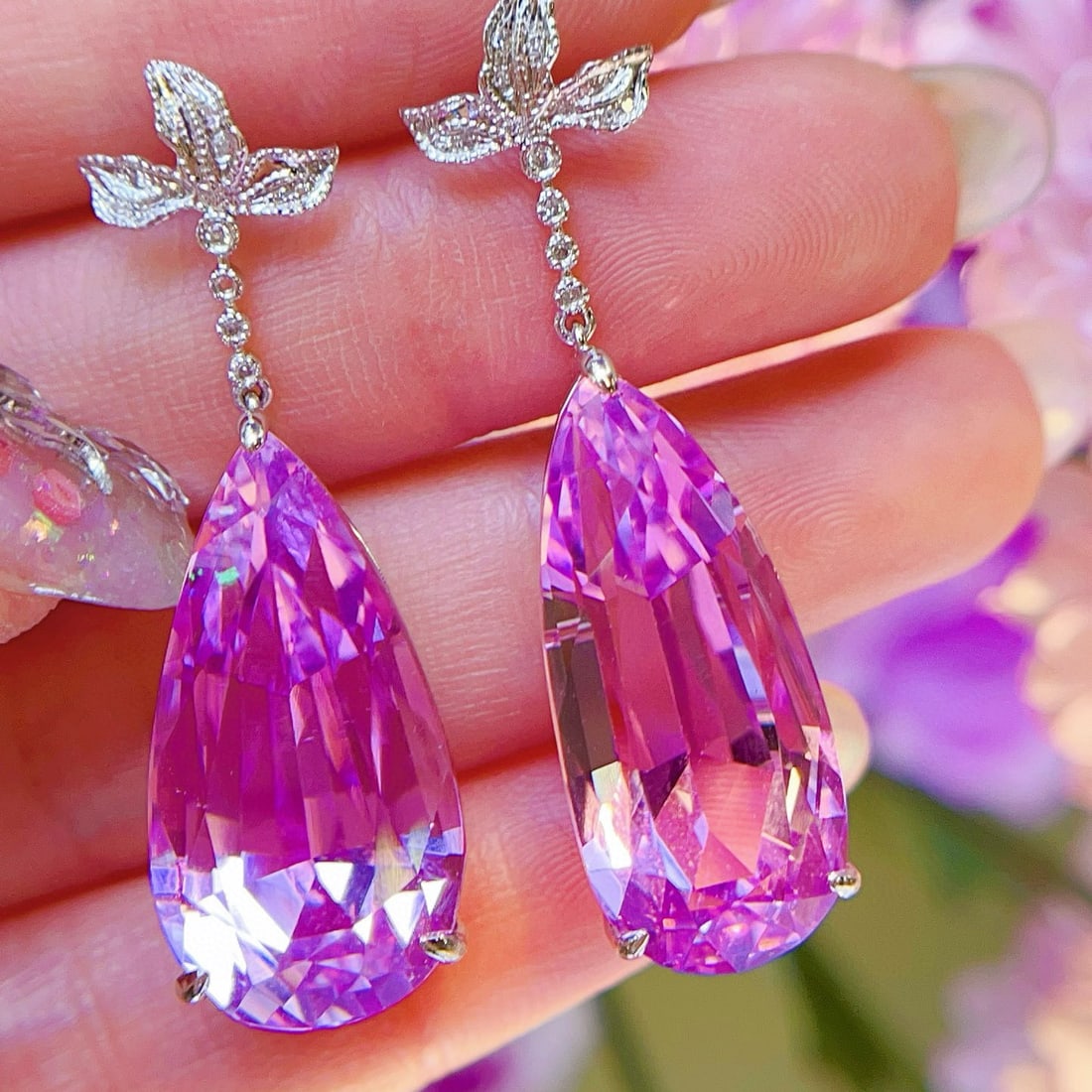 14k Gold 43.3 Ct Natural Kunzite & Diamond Earrings - 2