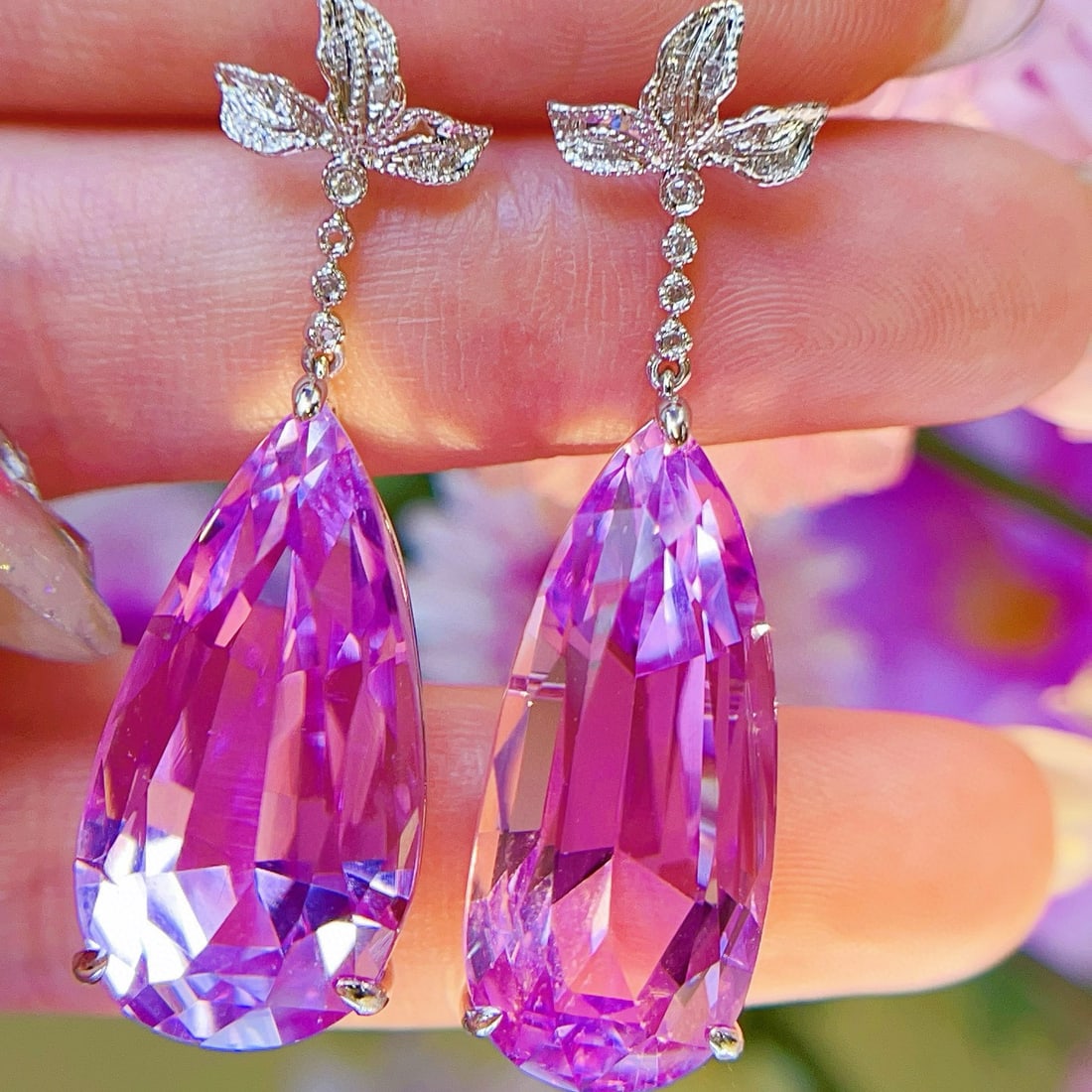 14k Gold 43.3 Ct Natural Kunzite & Diamond Earrings - 3