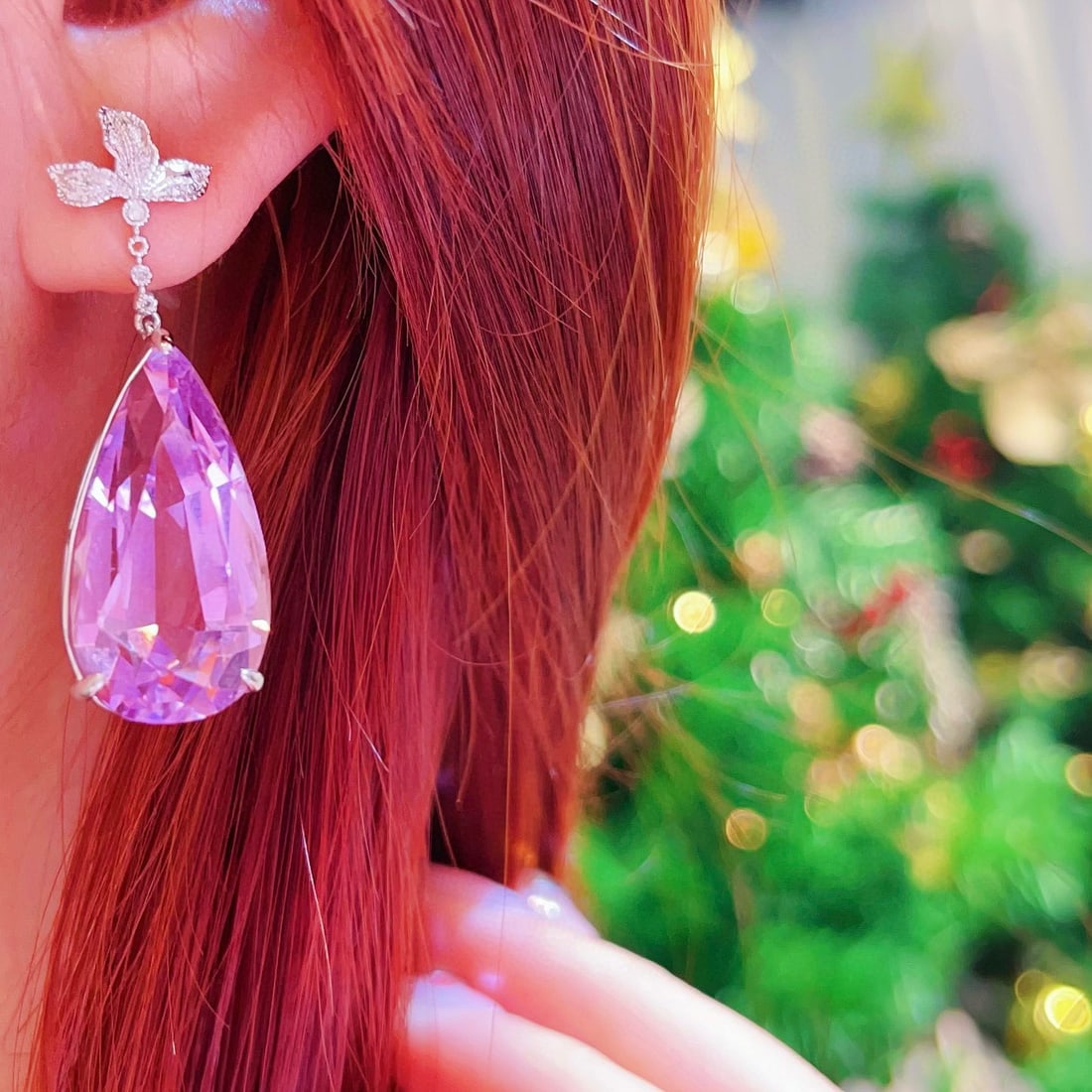 14k Gold 43.3 Ct Natural Kunzite & Diamond Earrings - 5