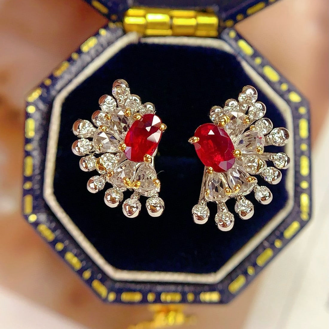 14k Gold 0.8 Ct Natural Ruby & Diamond & Sapphire Earrings - 2