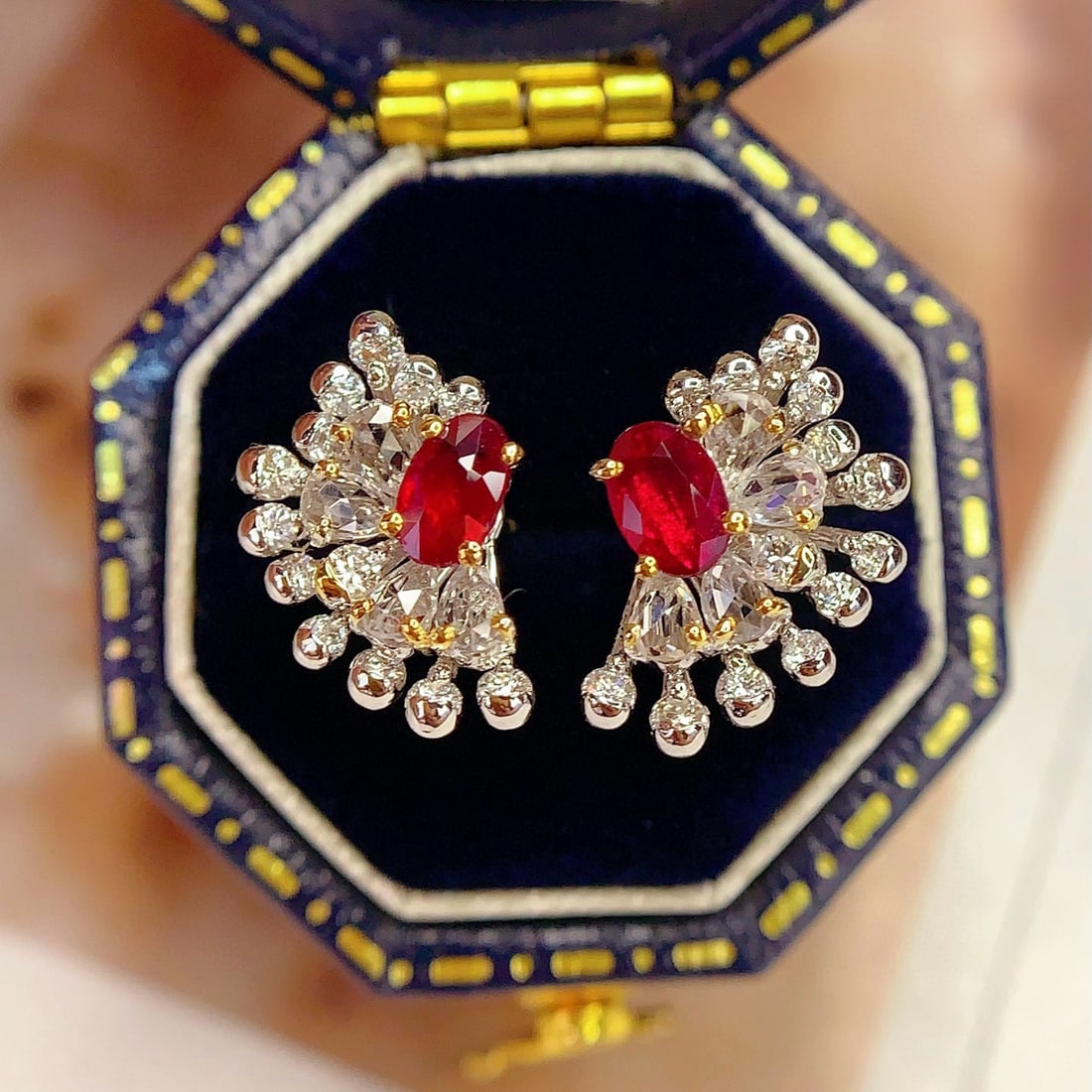 14k Gold 0.8 Ct Natural Ruby & Diamond & Sapphire Earrings - 3