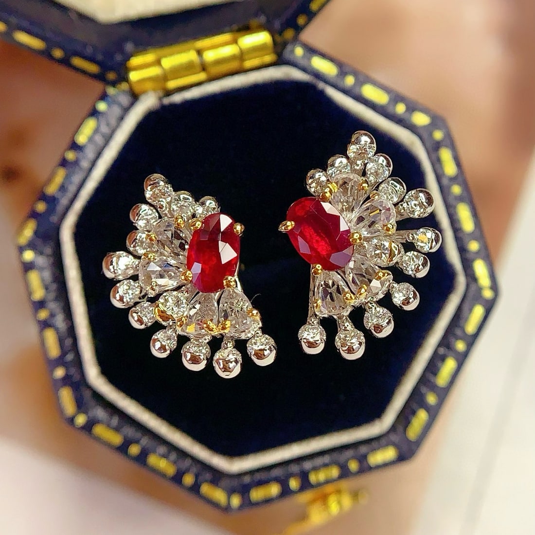 14k Gold 0.8 Ct Natural Ruby & Diamond & Sapphire Earrings - 5