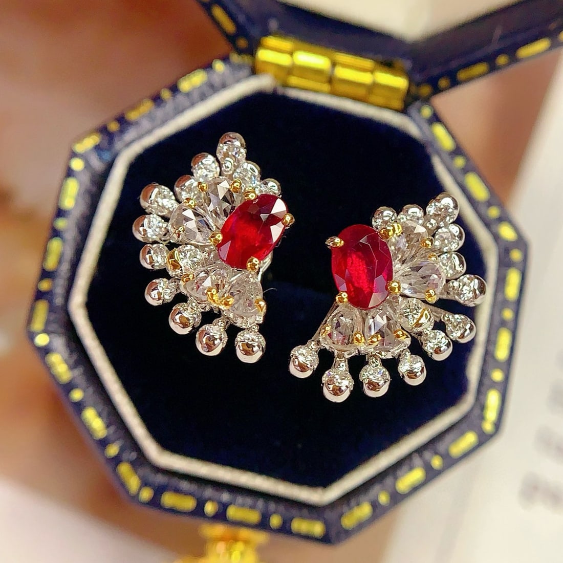 14k Gold 0.8 Ct Natural Ruby & Diamond & Sapphire Earrings - 6