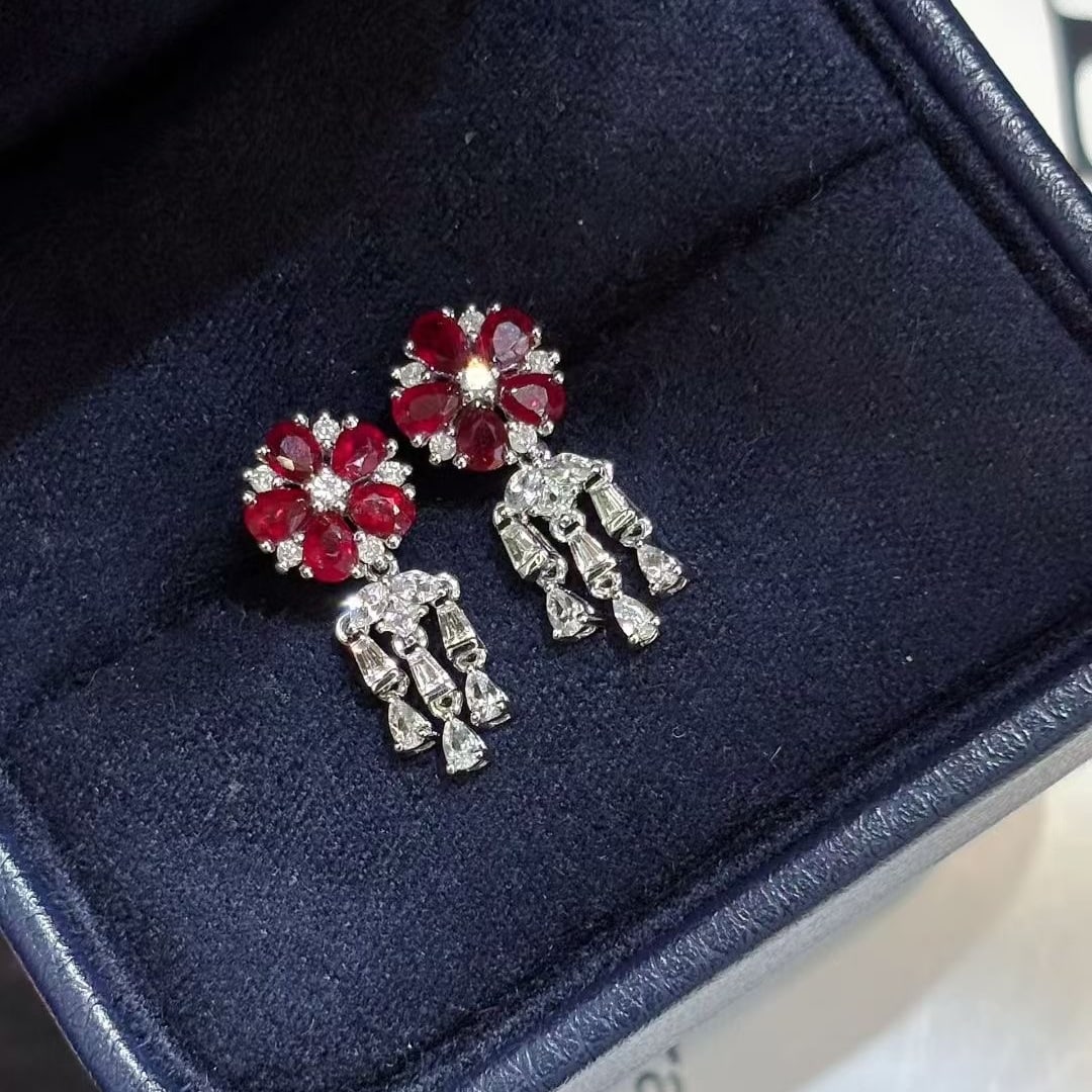 14k Gold 1.3 Ct Natural Ruby & Diamond Earrings - 2
