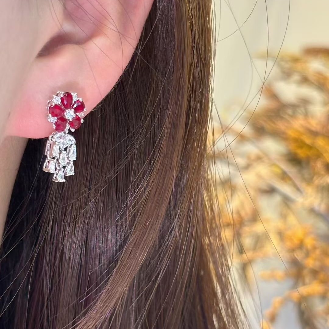 14k Gold 1.3 Ct Natural Ruby & Diamond Earrings - 4