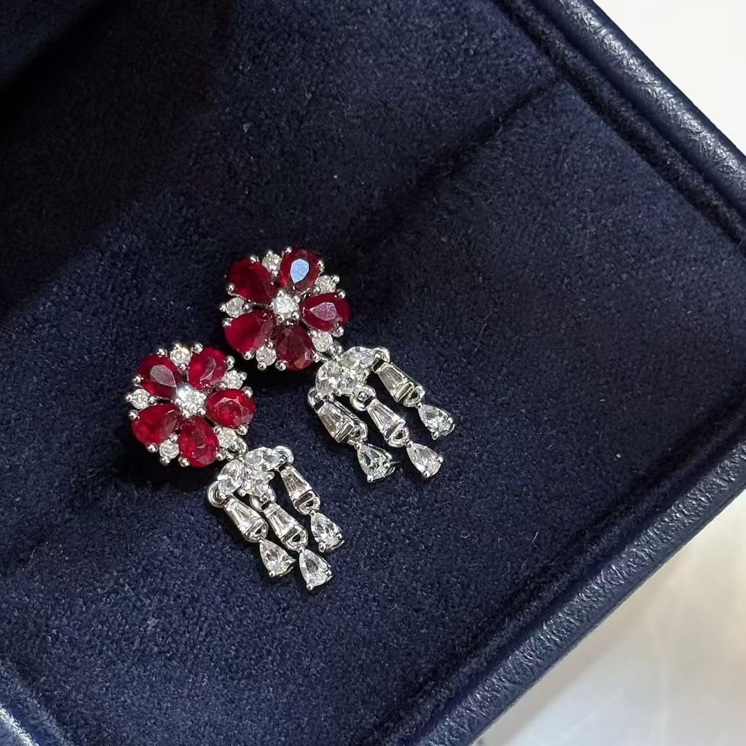 14k Gold 1.3 Ct Natural Ruby & Diamond Earrings - 5