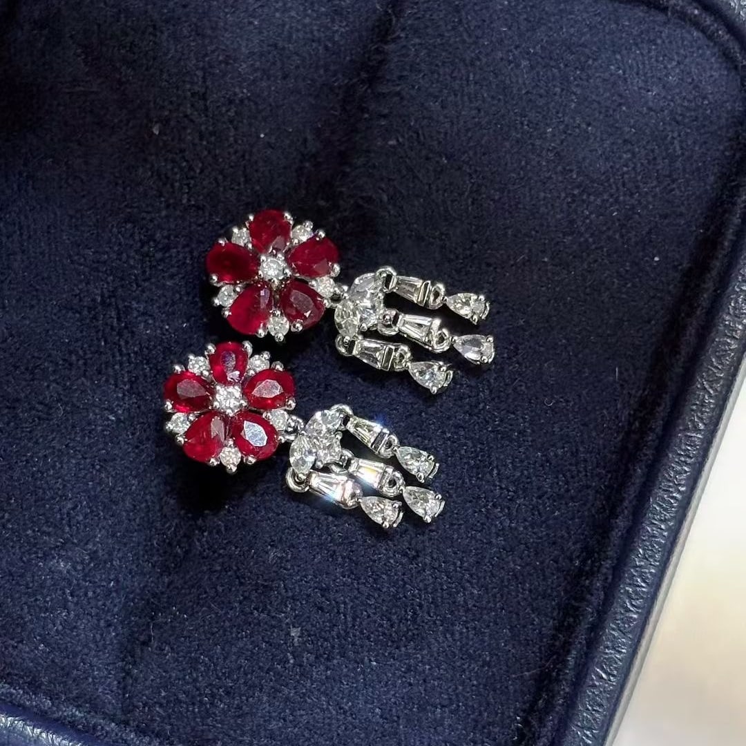 14k Gold 1.3 Ct Natural Ruby & Diamond Earrings - 6