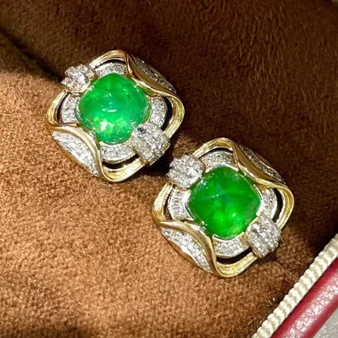 14k Gold 3 Ct Vivid Green Natural Emerald & Diamond Earrings - 2