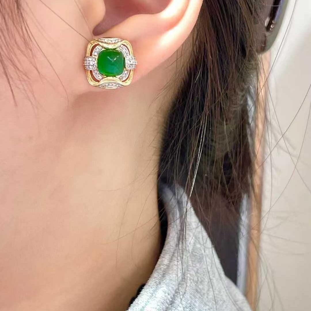 14k Gold 3 Ct Vivid Green Natural Emerald & Diamond Earrings - 4