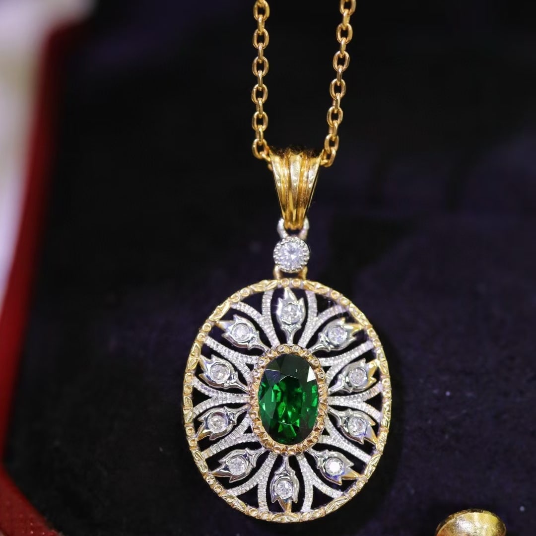 14k Gold 0.64 Ctw Vivid Green Natural Tsavorite & Diamond Pendant( Without Chain ): Ref:231036239 // gold content:14k gold // main gemstone:tsavorite // shape:oval // carat weight:0. 56ct // color:vivid green // treatment:natural // // adjacent gemstone 2 : diamond // shape:round //
