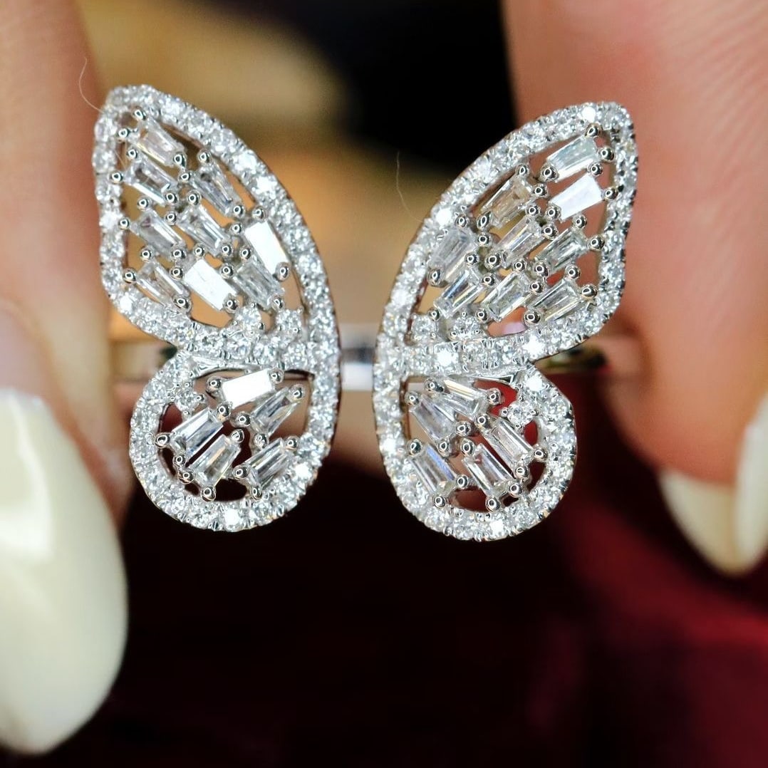 14k Gold 0.6 Ct Natural H Diamond & Butterfly Ring: Ref:231036246 // gold content:14k gold // ring size:7. 25us // // main gemstone:diamond // shape:multiply // carat weight:0. 6ct // clarity grade:vs-si // color:h // treatment:natural // Low