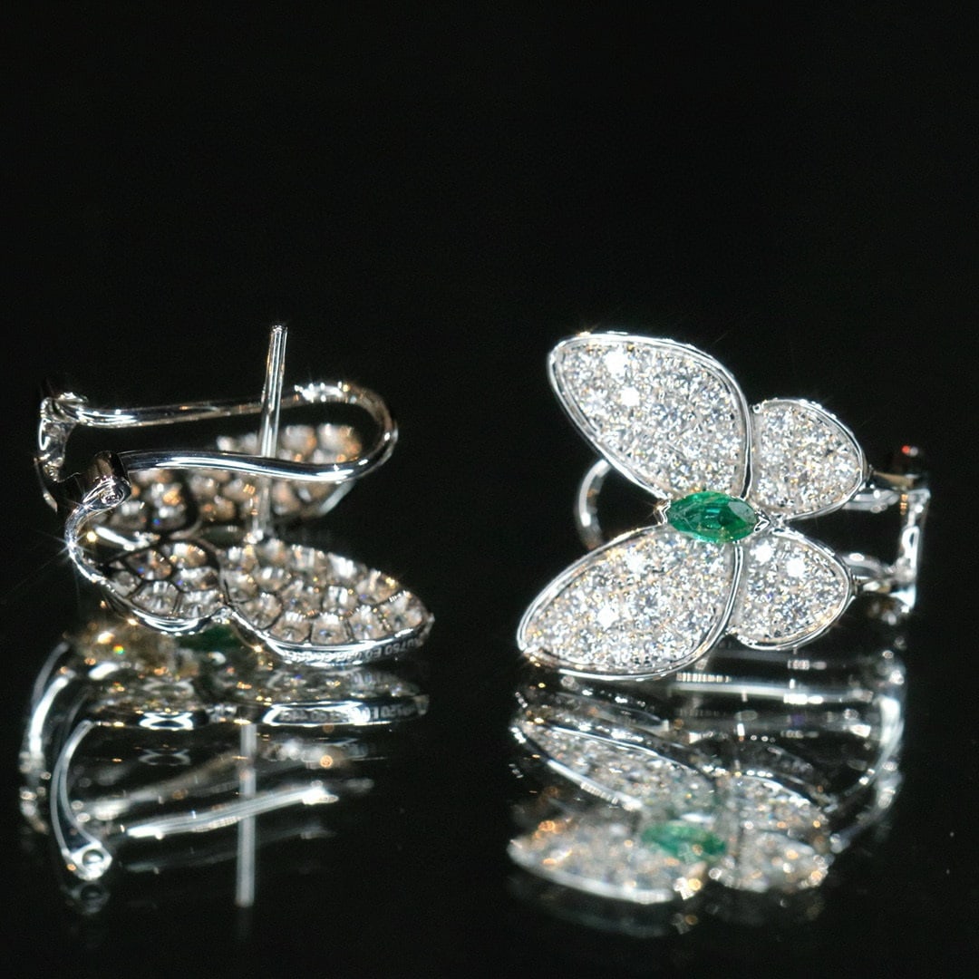 14k Gold 1.06 Ctw Natural Emerald & Diamond & Butterfly Earrings - 3
