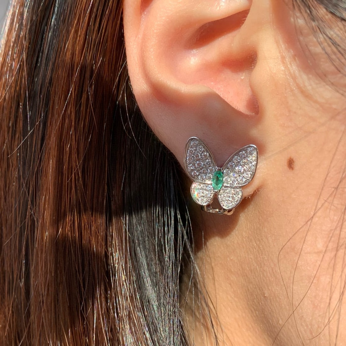 14k Gold 1.06 Ctw Natural Emerald & Diamond & Butterfly Earrings - 6