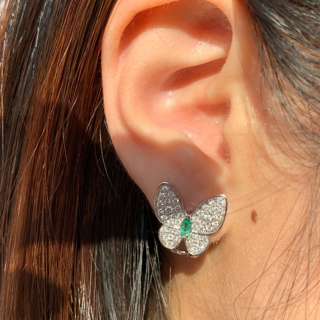 14k Gold 1.06 Ctw Natural Emerald & Diamond & Butterfly Earrings - 7