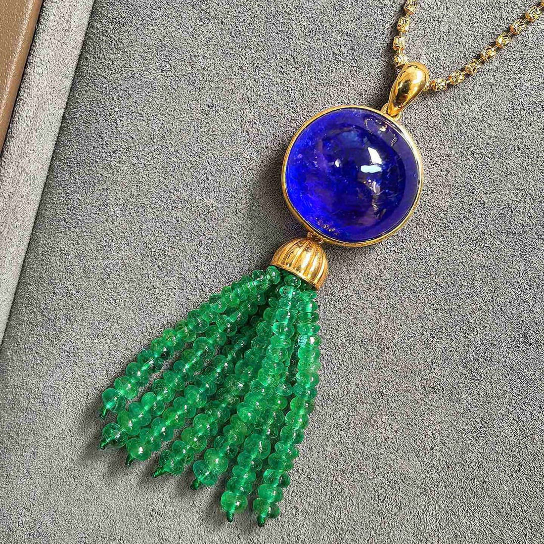 14k Gold 33.2 Ctw Natural Tanzanite & Emerald Pendant( Without Chain ) - 2