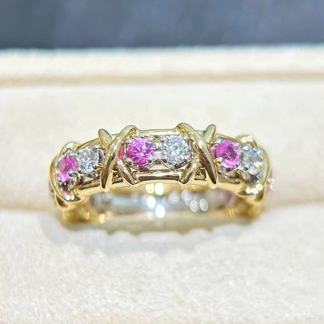 14k Gold 1.46 Ctw Natural Sapphire & Diamond Ring: Ref:231036360 // gold content:14k gold // ring size:7. 25us // // main gemstone:sapphire // shape:round // carat weight:0. 83ct // color:pink // treatment:natural // cut grade:g // // adjacent gemston