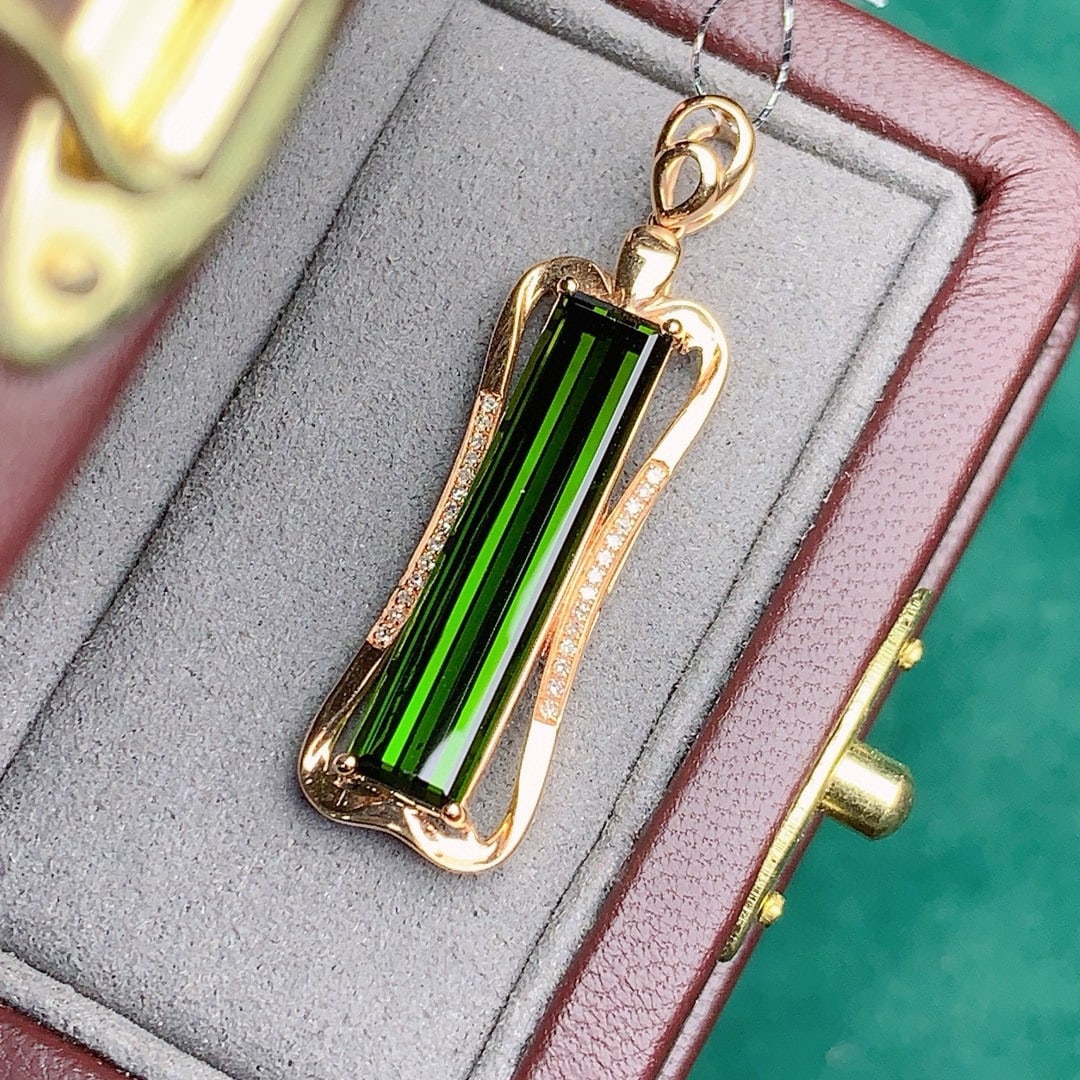 14k Gold 6.18 Ctw Natural Tourmaline & Diamond Pendant( Without Chain ): Ref:231036375 // gold content:14k gold // main gemstone:tourmaline // shape:rectangle // carat weight:6. 1ct // color:green // treatment:natural // // adjacent gemstone 2 : diamond // number of