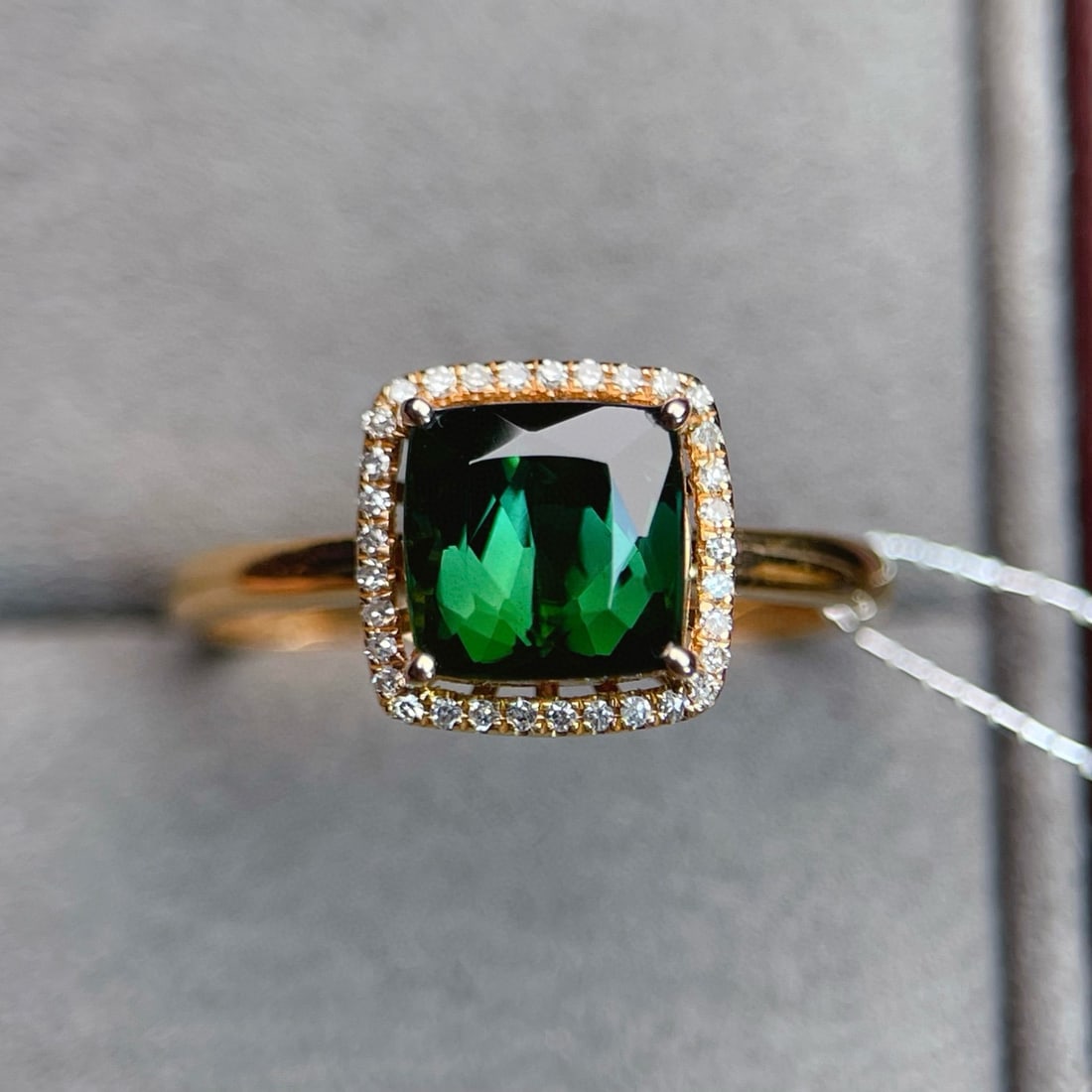 14k Gold 2.00 Ctw Natural Tourmaline & Diamond Ring: Ref:231036379 // gold content:14k gold // ring size:7. 25us // // main gemstone:tourmaline // shape:cushion // carat weight:1. 9ct // color:green // treatment:natural // // adjacent gemstone 2 :