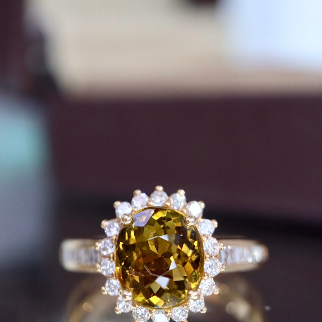 14k Gold 2.05 Ct Natural Tourmaline & Diamond Ring: Ref:231036383 // gold content:14k gold // ring size:7. 25us // // main gemstone:tourmaline // shape:oval // carat weight:2. 05ct // color:yellow // treatment:natural // // adjacent gemstone 2 :