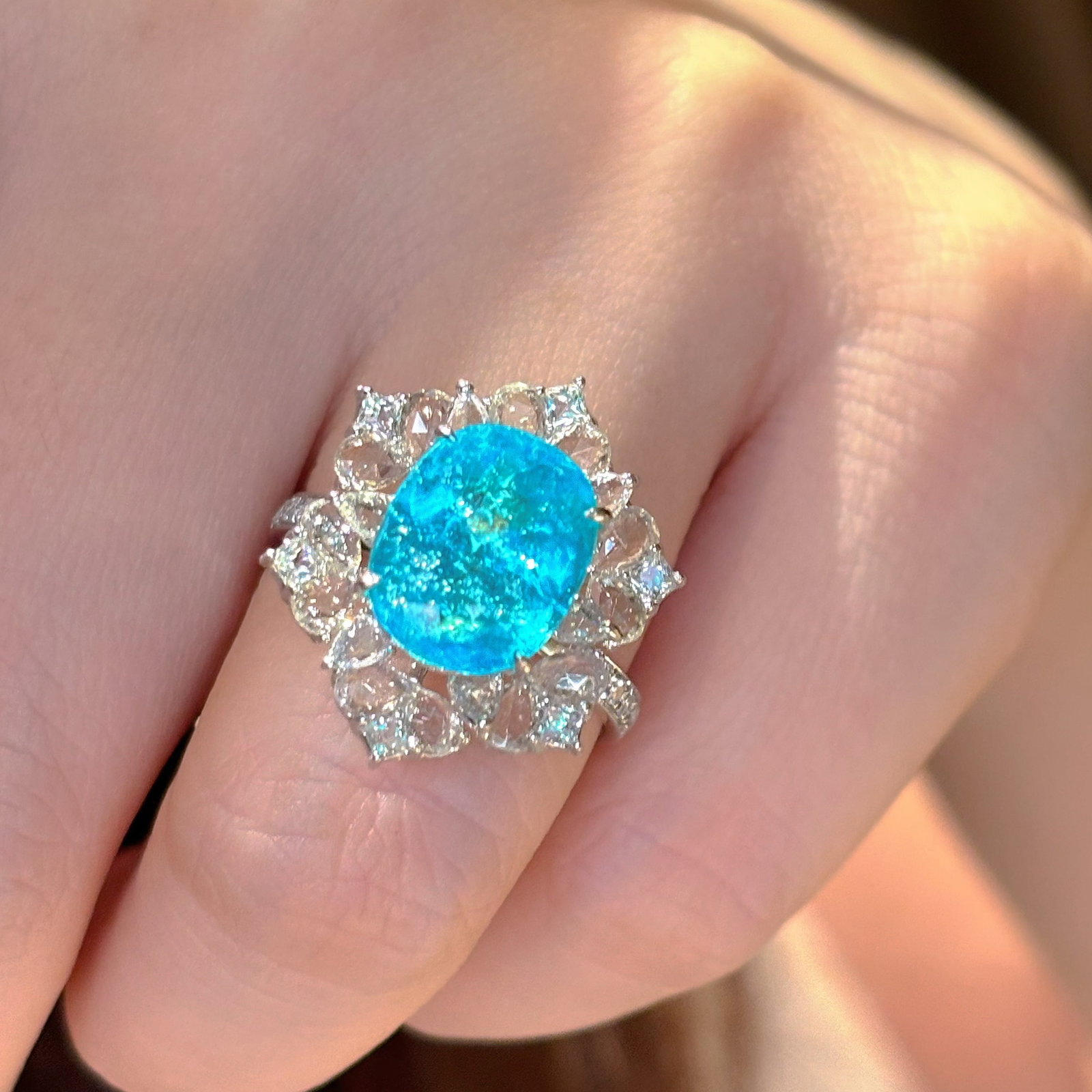 14k Gold 4.4 Ct Natural Paraiba Tourmaline & Diamond & Sapphire Ring: Ref:231036385 // gold content:14k gold // ring size:7. 25us // // main gemstone:paraiba tourmaline // shape:oval // carat weight:4. 4ct // color:blue // treatment:natural // // adjacent gemstone 2 :