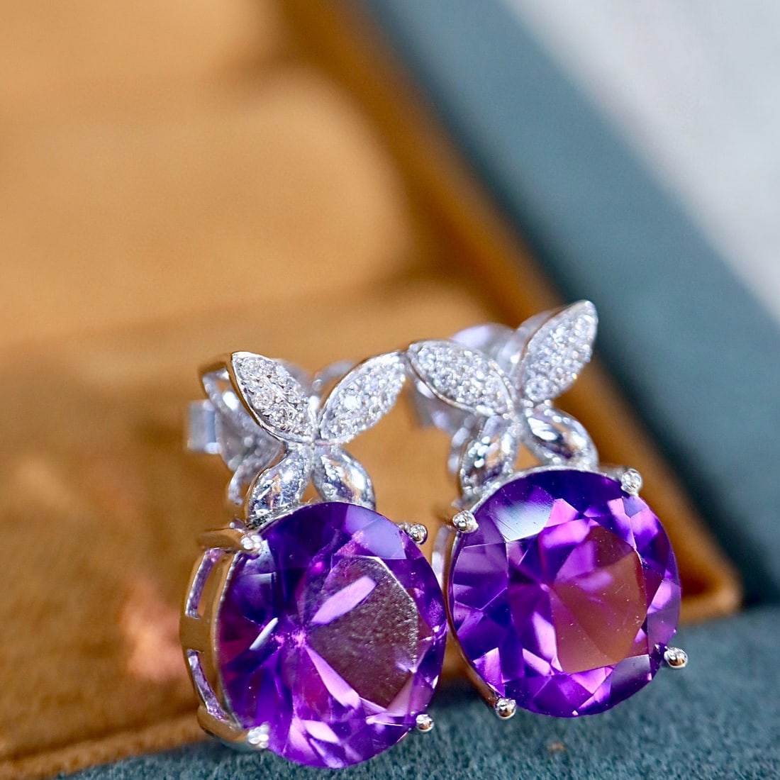 14k Gold 3.64 Ctw Natural Amethyst & Diamond Earrings - 2