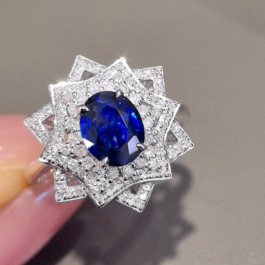 14k Gold 1.65 Ctw Natural Sapphire & Diamond Ring: Ref:231036403 // gold content:14k gold // ring size:7. 25us // // main gemstone:sapphire // shape:oval // carat weight:1. 2ct // color:royal blue // treatment:natural // // adjacent gemstone 2 :