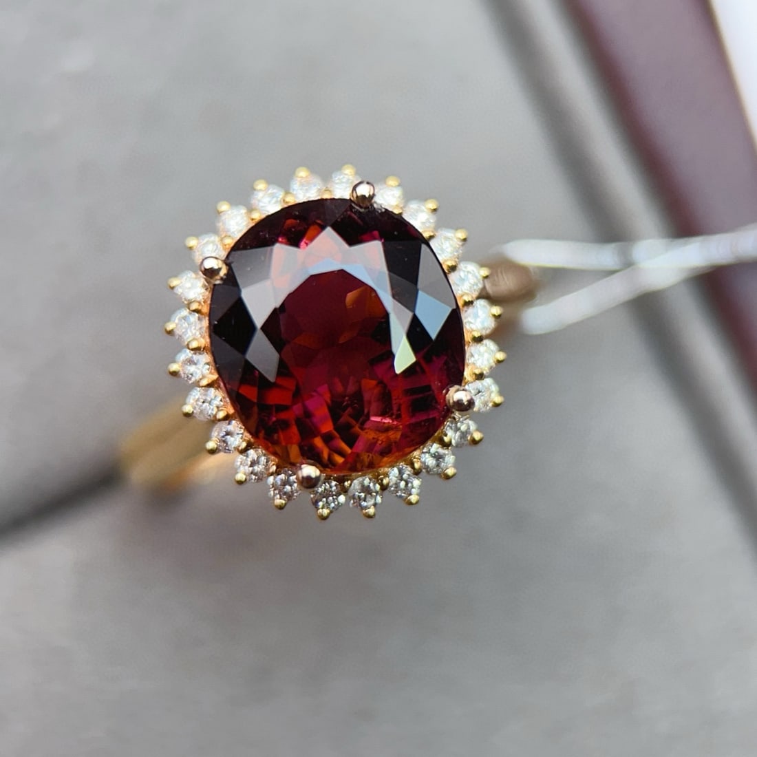 14k Gold 4.34 Ctw Natural Tourmaline & Diamond Ring: Ref:231036435 // gold content:14k gold // ring size:7. 25us // // main gemstone:tourmaline // shape:oval // carat weight:4. 1ct // color:red // treatment:natural // // adjacent gemstone 2 : diamond