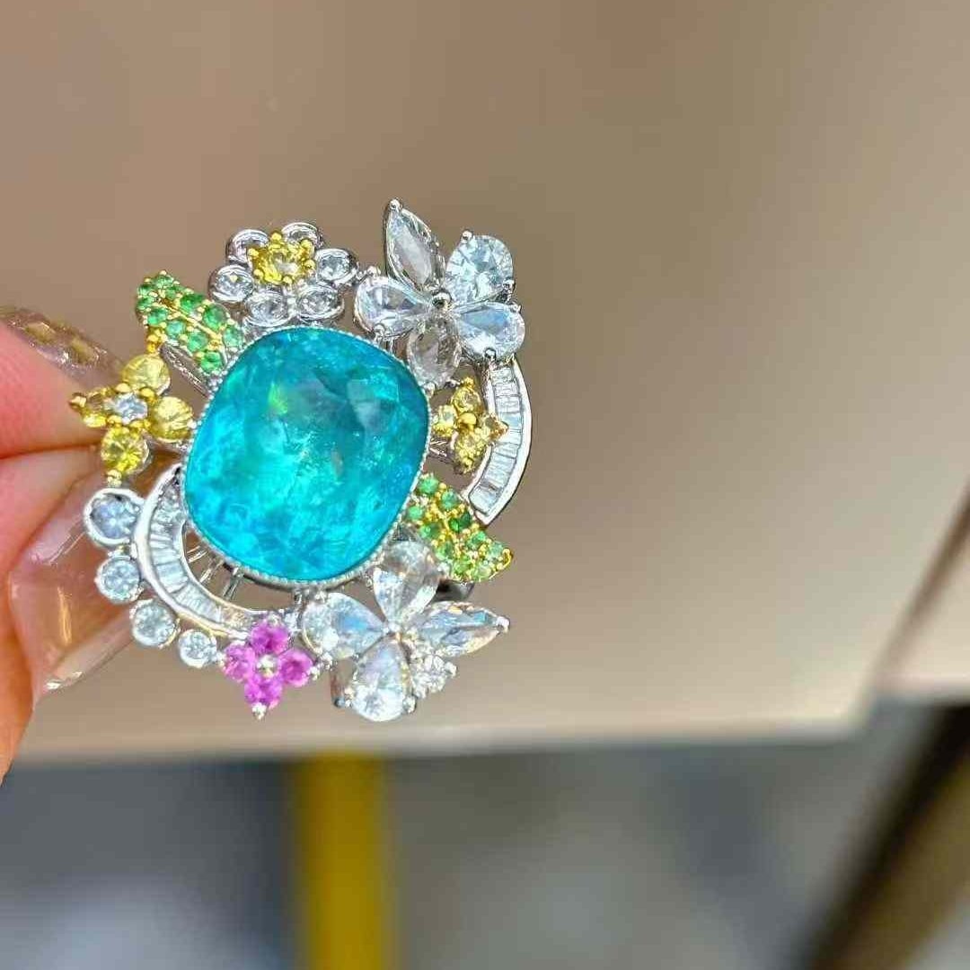 14k Gold 4.31 Ct Natural Paraiba Tourmaline & Diamond Ring - 2