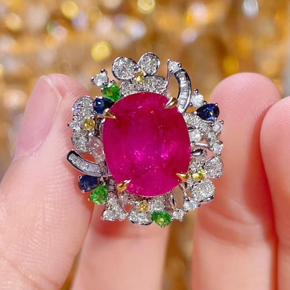 14k Gold 5.65 Ctw Natural Tourmaline & Diamond & Sapphire Ring/pendant( Without Chain ): Ref:231037014 // gold content:14k gold // ring size:7. 25us // // main gemstone:tourmaline // shape:oval // carat weight:5. 1ct // color:red // treatment:natural // // adjacent gemstone 2 : diamond