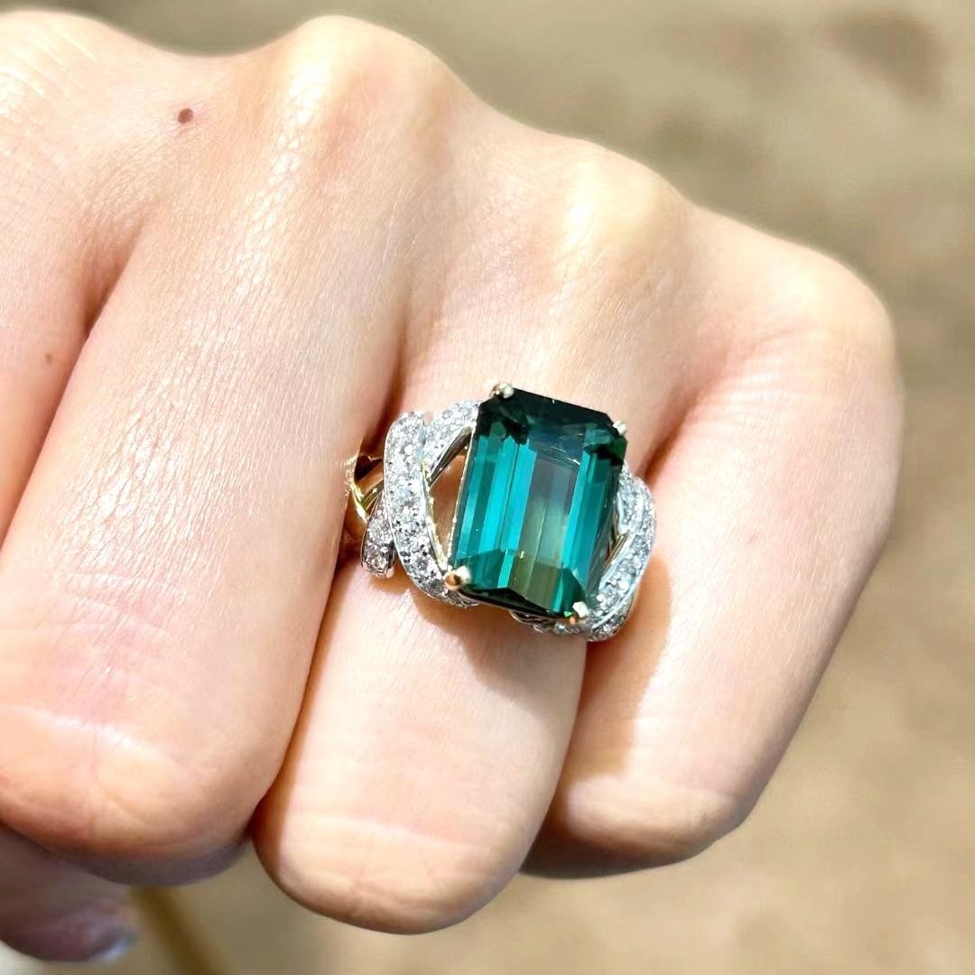 14k Gold 8.45 Ctw Natural Tourmaline & Diamond Ring - 7