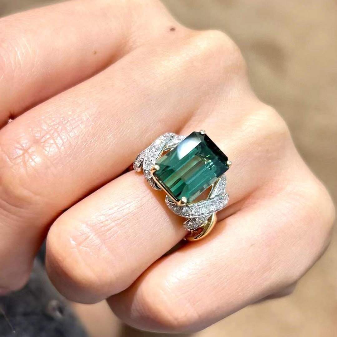 14k Gold 8.45 Ctw Natural Tourmaline & Diamond Ring - 8