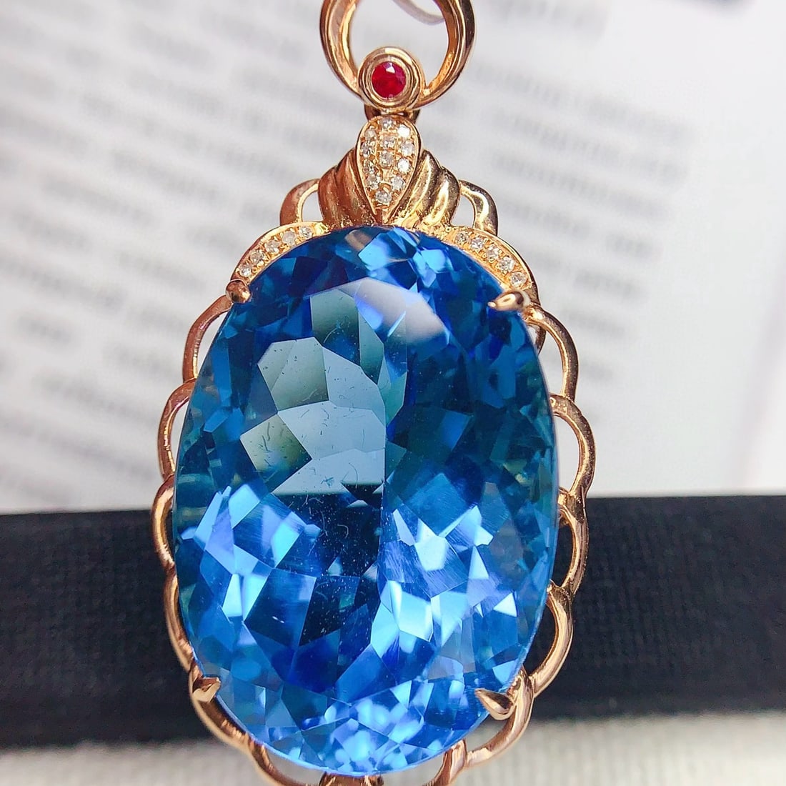 14k Gold 33 Ct Natural Topaz & Diamond & Ruby Pendant( Without Chain ) - 4
