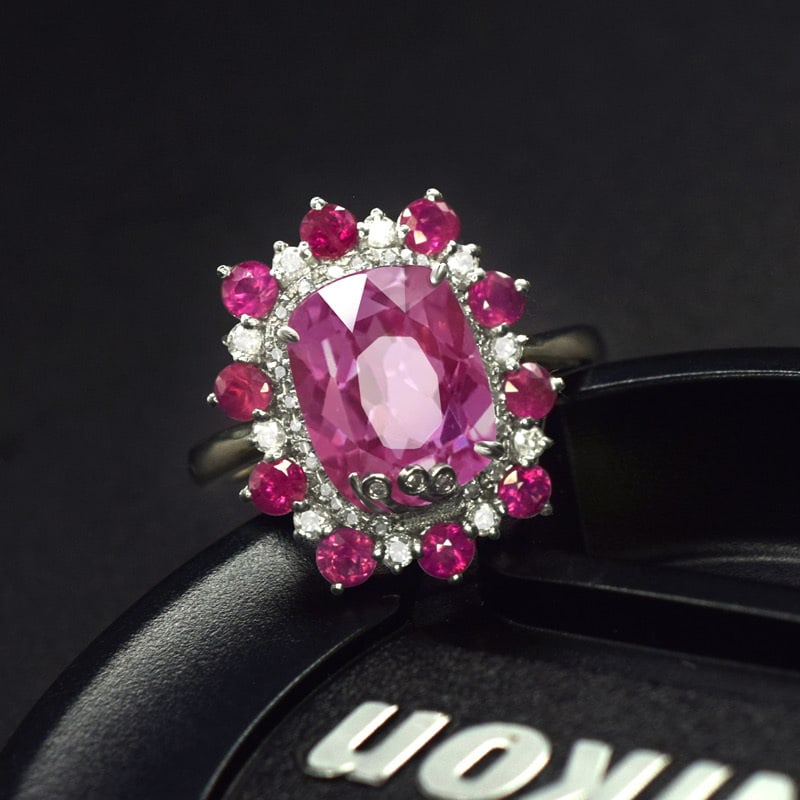 14k Gold 3.45 Ctw Natural Sapphire & Diamond Ring: Ref:231037036 // gold content:14k gold // ring size:7. 25us // // main gemstone:sapphire // shape:cushion // carat weight:3. 15ct // color:pink // treatment:natural // // adjacent gemstone 2 : diamond