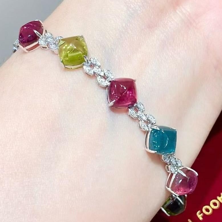 14k Gold 17.68 Ct Natural Tourmaline & Diamond Bracelet - 3