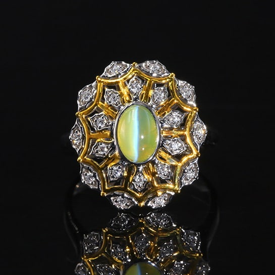 14k Gold 1.06 Ctw Natural Cat's?Eye Chrysoberyl & Diamond Ring: Ref:231037063 // gold content:14k gold // ring size:7. 25us // // main gemstone:cat's? Eye chrysoberyl // shape:oval // carat weight:0. 88ct // color:yellow // treatment:natural // // adjacent