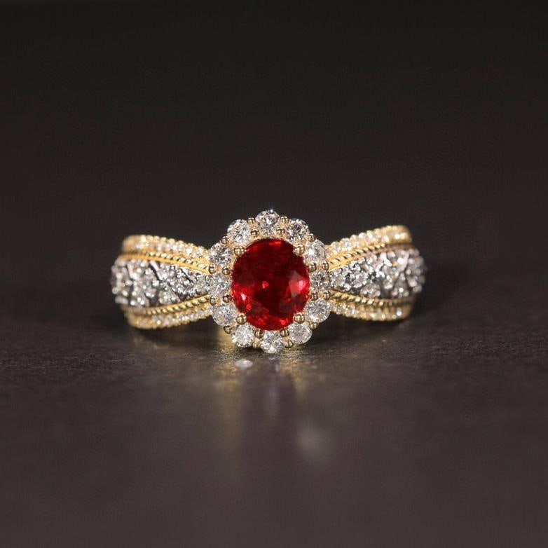 14k Gold 0.43 Ct Natural Ruby & Diamond Ring: Ref:231037070 // gold content:14k gold // ring size:7. 25us // // main gemstone:ruby // shape:oval // carat weight:0. 43ct // color:pigeonblood red // treatment:natural // // adjacent gemstone 2 : dia