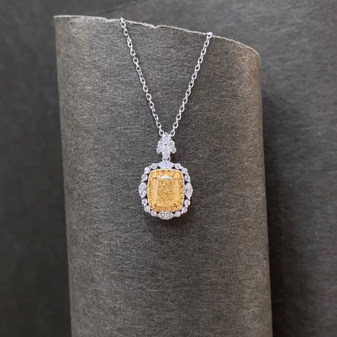 14k Gold 1.39 Ctw Natural Yellow Diamond & Diamond Necklace: Ref:231037088 // gold content:14k gold // main gemstone:yellow diamond // shape:cushion // carat weight:1. 01ct // color:yellow // treatment:natural // // adjacent gemstone 2 : diamond //