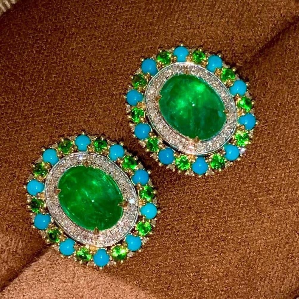 14k Gold 3.35 Ct Vivid Green Natural Emerald & Diamond & Turquoise & Tsavorite Earrings: Ref:231037095 // gold content:14k gold // main gemstone:emerald // shape:oval // carat weight:3. 35ct // color:vivid green // treatment:natural // // adjacent gemstone 2 : diamond // shape:round //