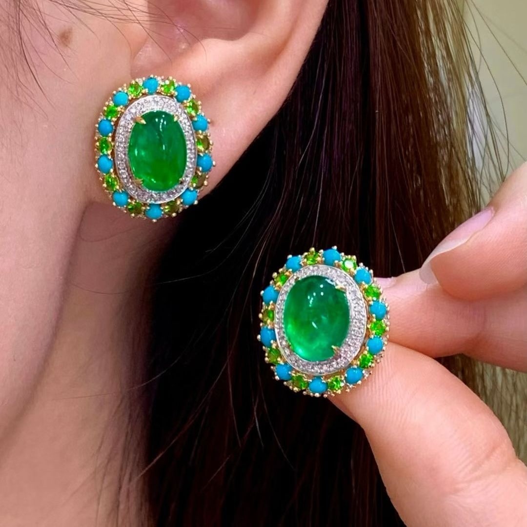 14k Gold 3.35 Ct Vivid Green Natural Emerald & Diamond & Turquoise & Tsavorite Earrings - 2