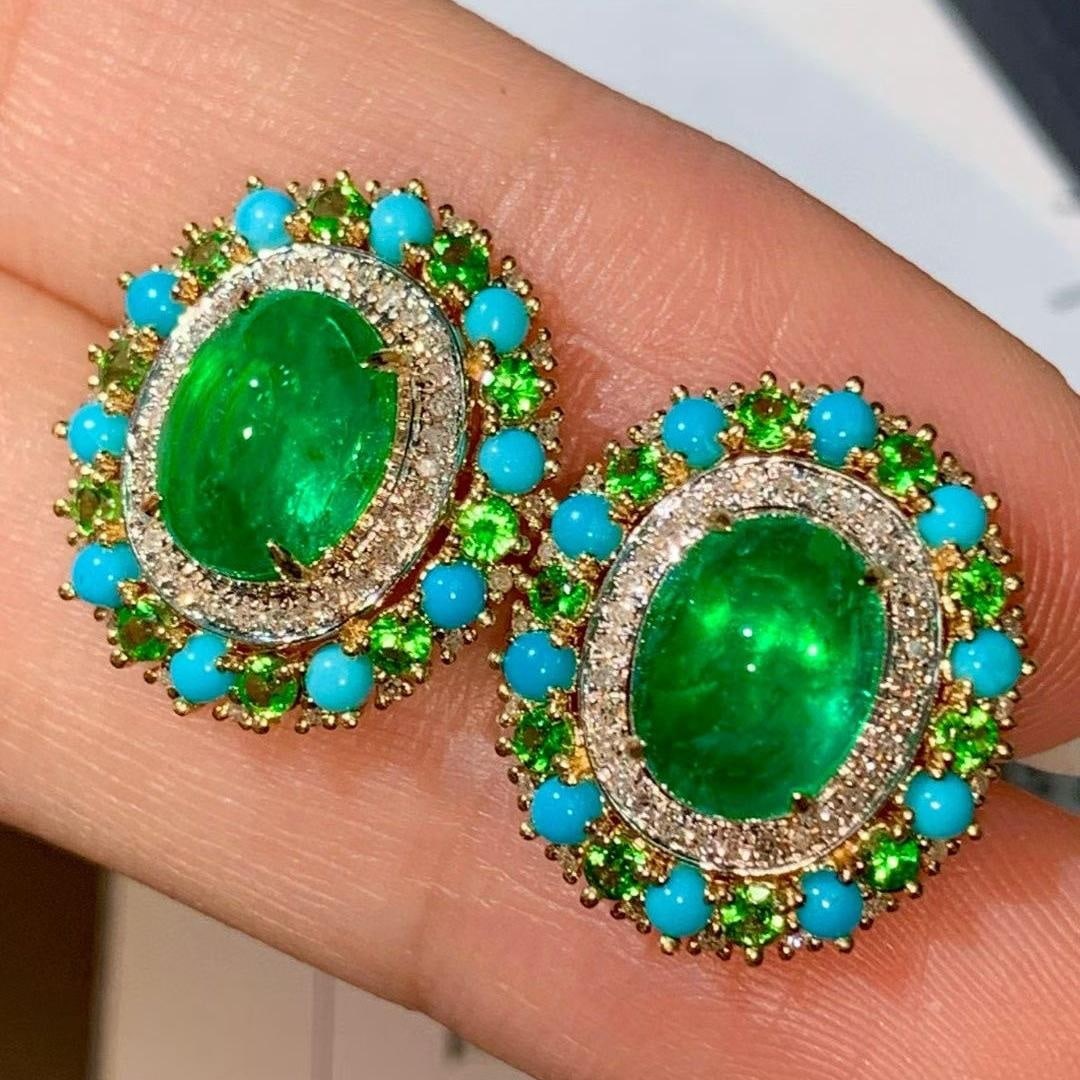 14k Gold 3.35 Ct Vivid Green Natural Emerald & Diamond & Turquoise & Tsavorite Earrings - 3