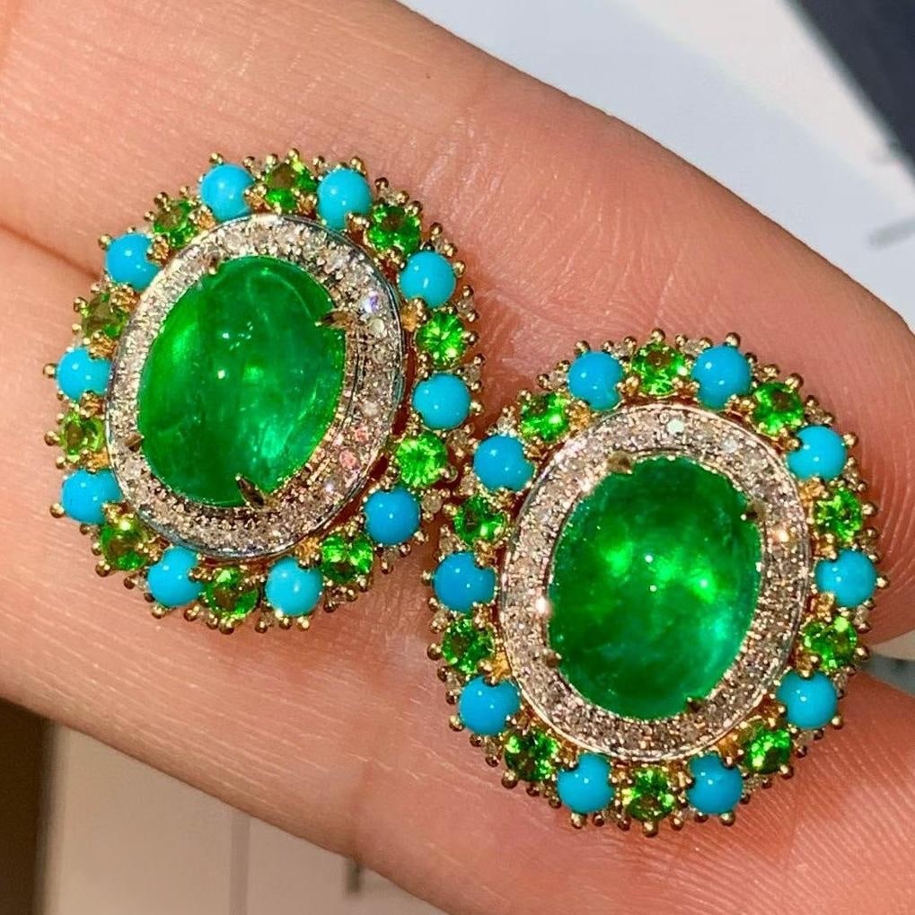 14k Gold 3.35 Ct Vivid Green Natural Emerald & Diamond & Turquoise & Tsavorite Earrings - 4