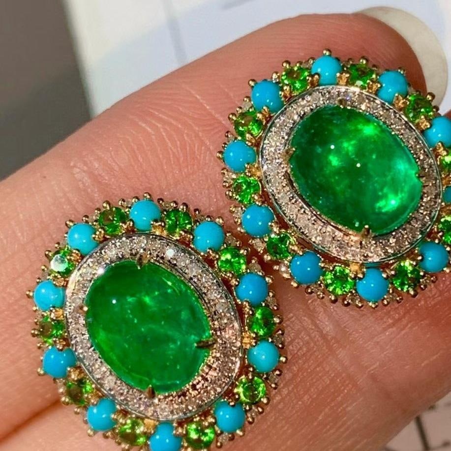 14k Gold 3.35 Ct Vivid Green Natural Emerald & Diamond & Turquoise & Tsavorite Earrings - 5