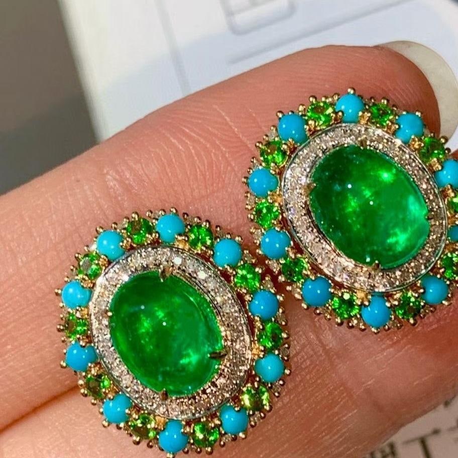 14k Gold 3.35 Ct Vivid Green Natural Emerald & Diamond & Turquoise & Tsavorite Earrings - 6