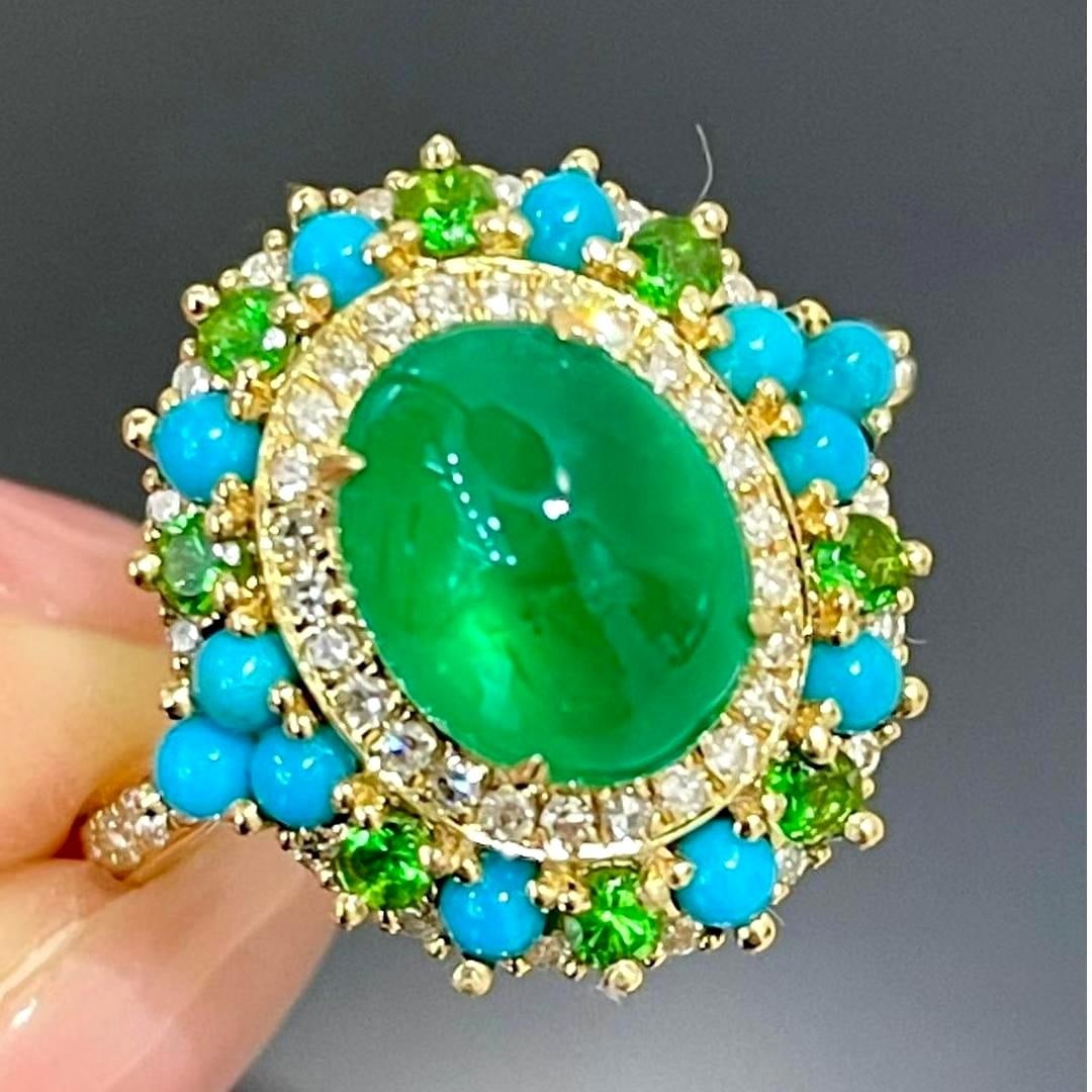 14k Gold 2.05 Ct Vivid Green Natural Emerald & Diamond & Turquoise & Tsavorite Ring: Ref:231037096 // gold content:14k gold // ring size:7. 25us // // main gemstone:emerald // shape:oval // carat weight:2. 05ct // color:vivid green // treatment:natural // // adjacent gemstone 2 :
