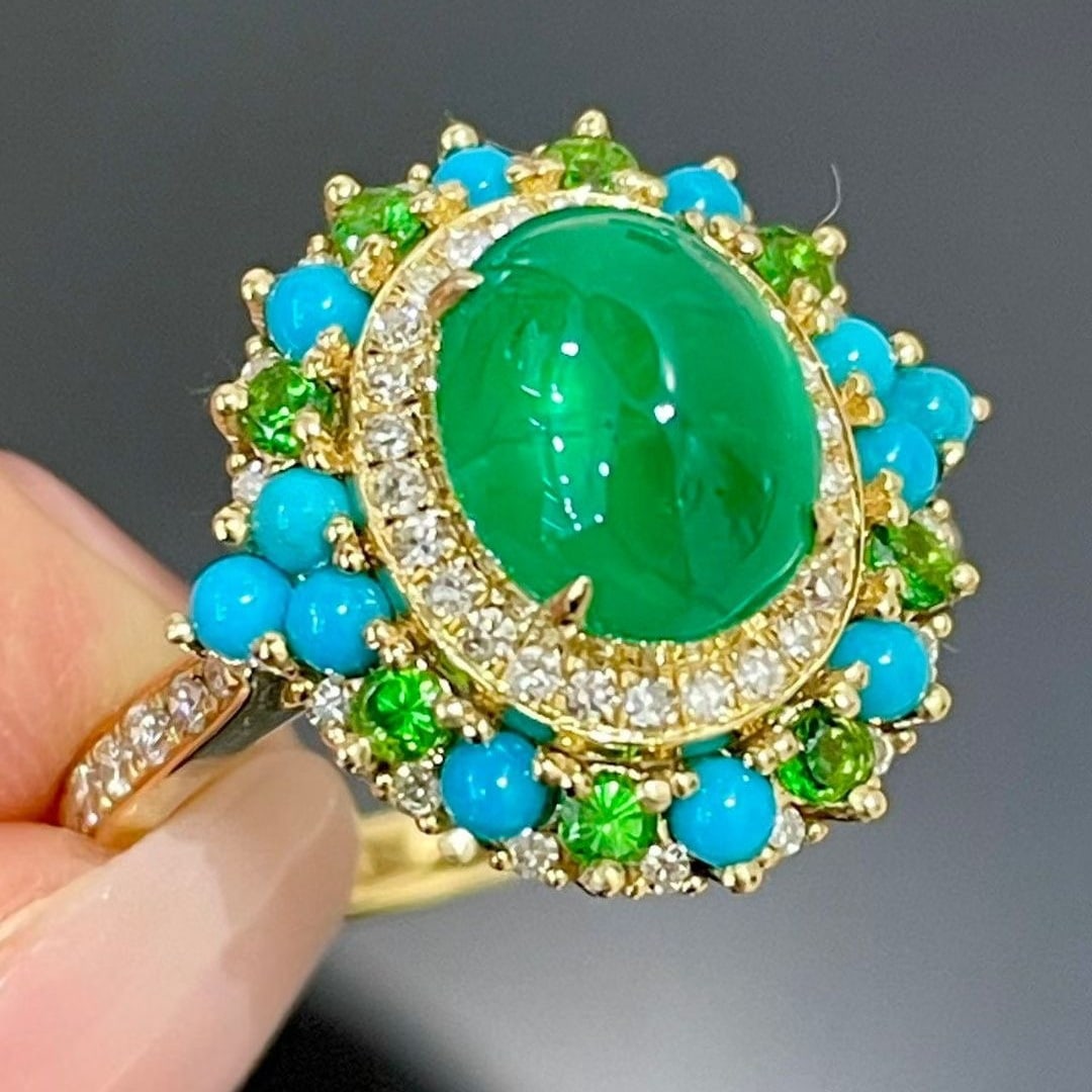 14k Gold 2.05 Ct Vivid Green Natural Emerald & Diamond & Turquoise & Tsavorite Ring - 2