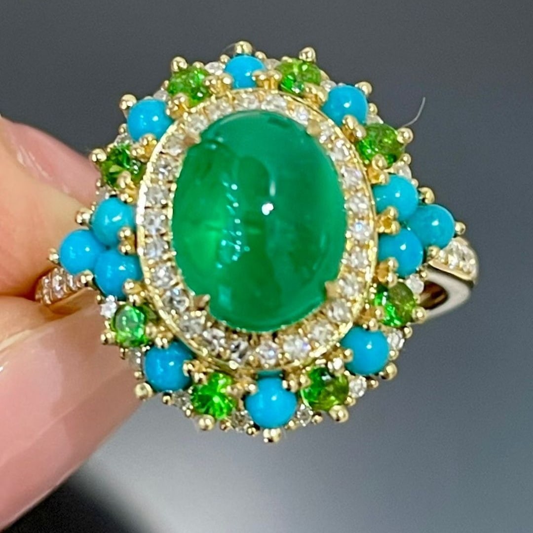 14k Gold 2.05 Ct Vivid Green Natural Emerald & Diamond & Turquoise & Tsavorite Ring - 4